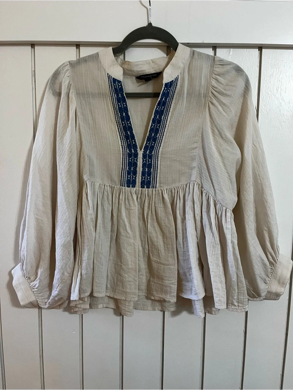 Banana Republic Cream Peasant Blouse with Navy Embroidery